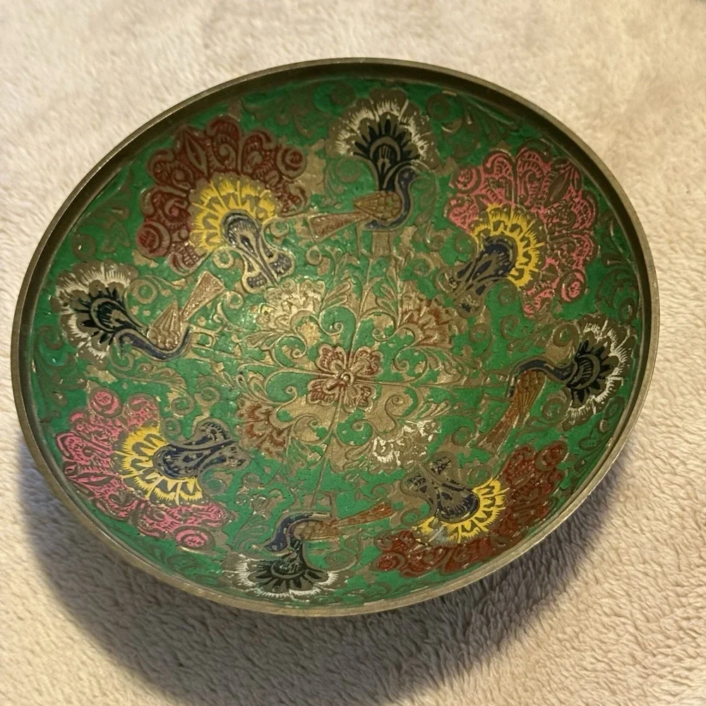 Vintage Brass Cloisonne Peacock Floral Relief Bowl Painted Enamel Made In India